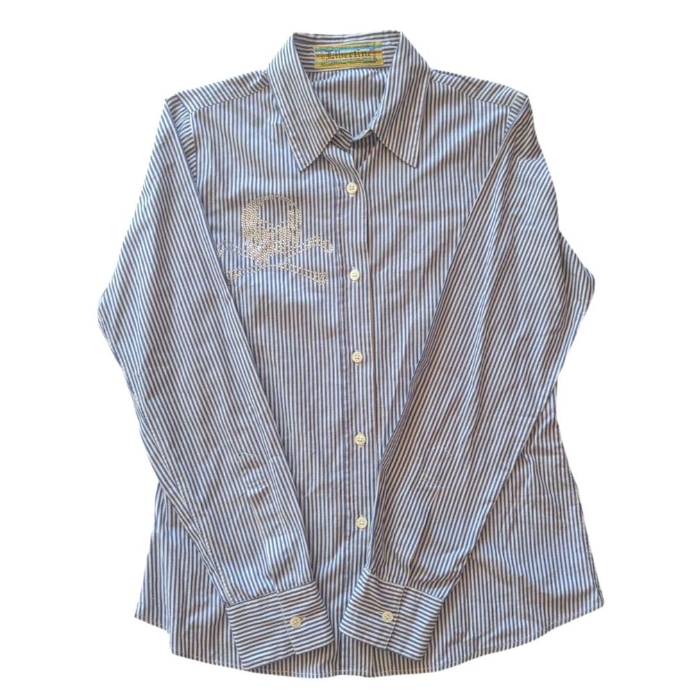 Libertine Johnson Hartig Women's Striped Rhinestone Skull Button Up Blouse